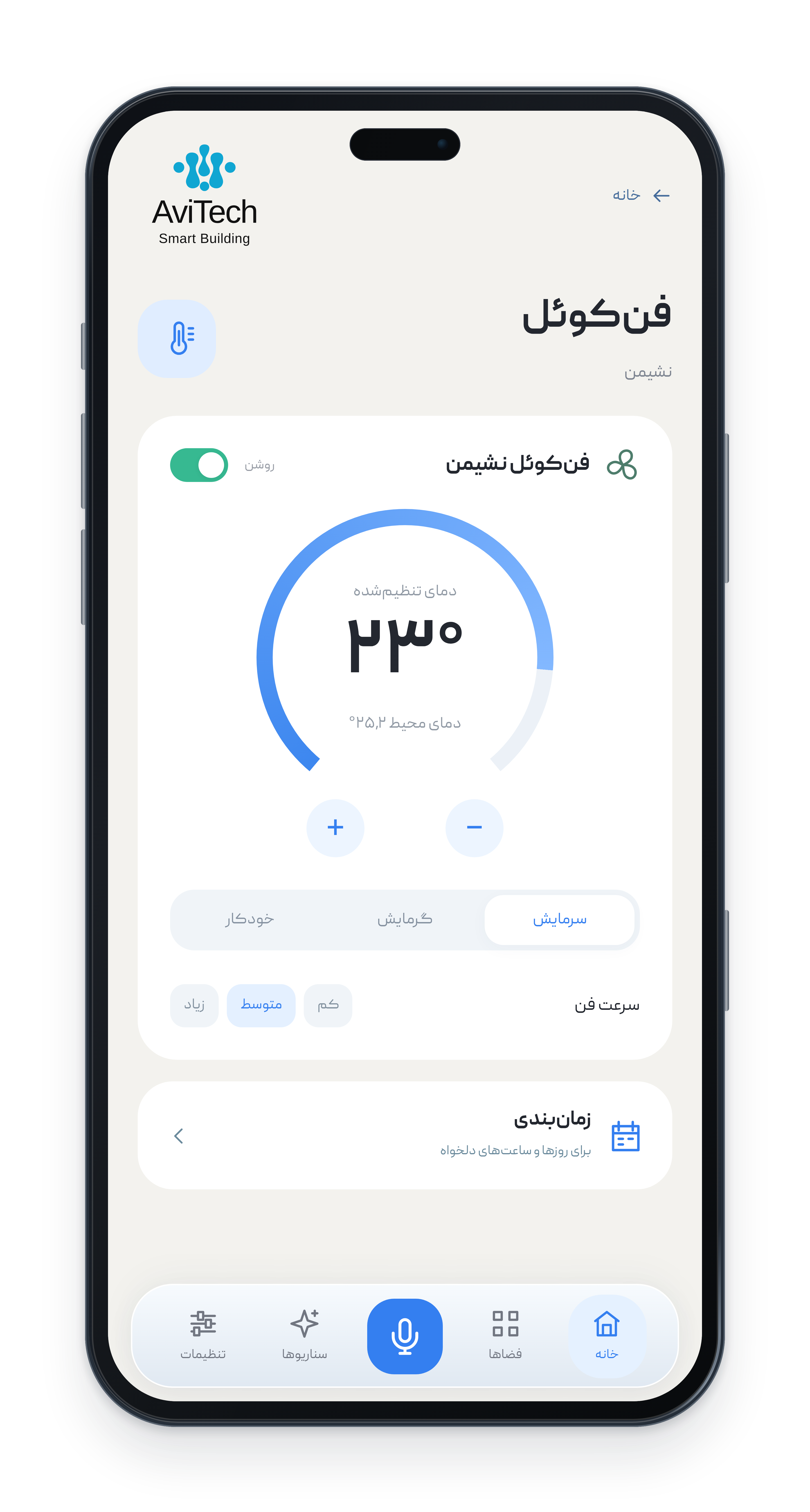 تنظیم دما، حالت کار و سرعت فن‌کوئل نشیمن